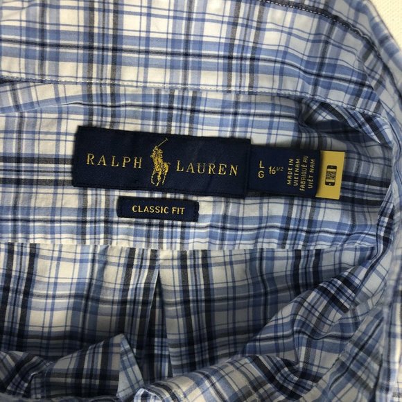 Polo Ralph Lauren Button Down Shirt L Classic Fit Blue Plaid LongSleeve Men B165 - Picture 5 of 5
